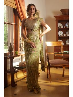 Paulmi & Harsh - Green Pre Drape Saree with Stitched Blouse and Belt