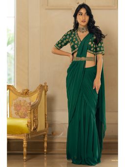 Paulmi & Harsh - Green Laura Pre Drape Saree with Stitched Blouse and Belt
