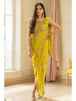 Paulmi & Harsh - Yellow Printed Pre Drape Saree with Stitched Blouse