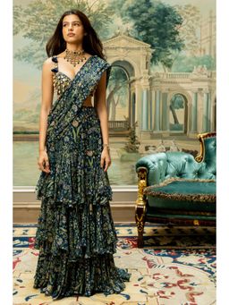 Paulmi & Harsh - Navy Blue Pre Drape Saree with Stitched Blouse