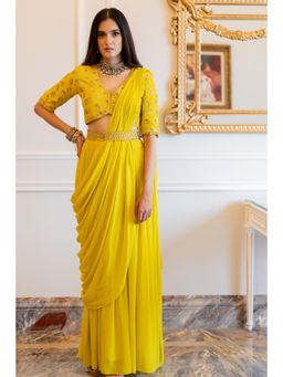Paulmi & Harsh - Yellow Kellie Pre Drape Saree with Stitched Blouse and Belt