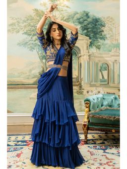 Paulmi & Harsh - Blue Agatha Pre Drape Saree with Stitched Blouse and Belt