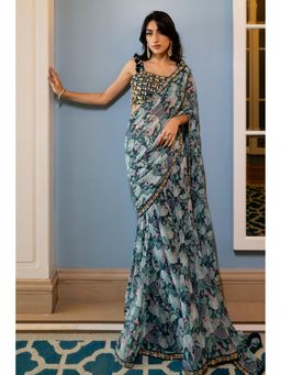 Paulmi & Harsh - Turquoise Printed Pre Drape Saree with Stitched Blouse