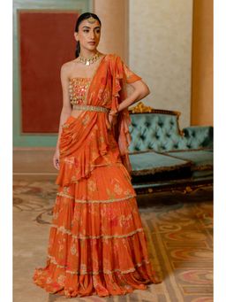 Paulmi & Harsh - Rust Zaisha Pre Drape Saree with Stitched Blouse and Belt