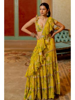 Paulmi & Harsh - Yellow Pre Drape Saree with Stitched Blouse and Belt