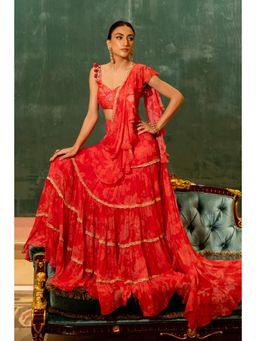 Paulmi & Harsh - Red Sasha Floral Printed Pre Drape Saree with Stitched Blouse