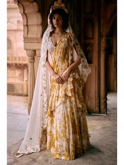 Paulmi & Harsh - Yellow Ayla Pre Drape Saree with Stitched Blouse and Belt
