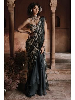 Paulmi & Harsh - Navy Blue Printed Pre Drape Saree with Stitched Blouse