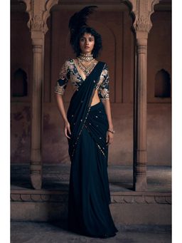 Paulmi & Harsh - Black Pre Drape Saree with Stitched Blouse and Belt
