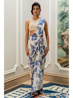 Paulmi & Harsh - Blue Printed Pre Drape Saree with Stitched Blouse