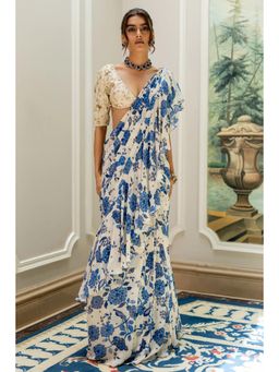 Paulmi & Harsh - Blue Printed Pre Drape Saree with Stitched Blouse