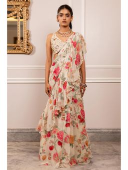 Paulmi & Harsh - Off White Printed Pre Drape Saree with Stitched Blouse