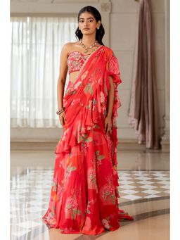 Paulmi & Harsh - Red Printed Pre Drape Saree with Stitched Blouse