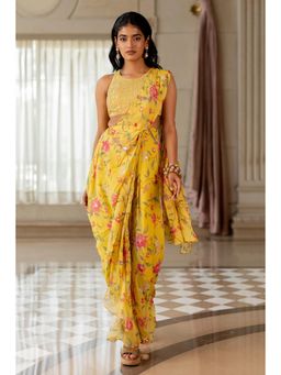 Paulmi & Harsh - Yellow Printed Pre Drape Saree with Stitched Blouse