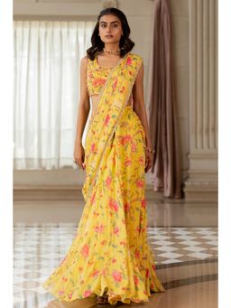 Paulmi & Harsh - Yellow Printed Pre Drape Saree with Stitched Blouse