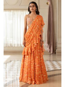 Paulmi & Harsh - Orange Printed Pre Drape Saree with Stitched Blouse