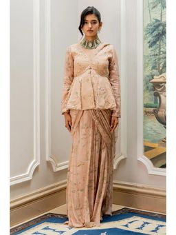 Paulmi & Harsh - Peach Printed Pre Drape Saree with Stitched Blouse
