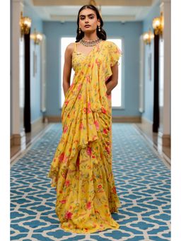 Paulmi & Harsh - Yellow Printed Pre Drape Saree with Stitched Blouse