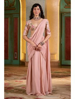 Paulmi & Harsh - Pink Kaia Pre Drape Saree with Stitched Blouse and Belt