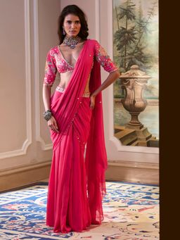 Paulmi & Harsh - Pink Kaia Pre Drape Saree with Stitched Blouse and Belt
