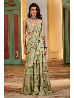 Paulmi & Harsh - Green Pre Drape Saree with Stitched Blouse and Belt