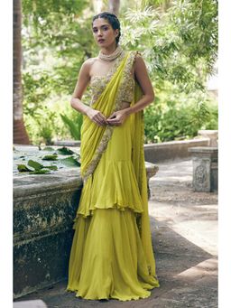 Paulmi & Harsh - Green Pre Drape Saree with Stitched Blouse