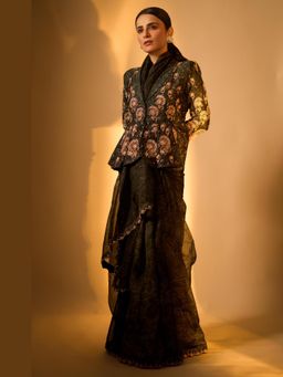 Paulmi & Harsh - Black Pre Drape Saree with Top with Jacket and Petticoat
