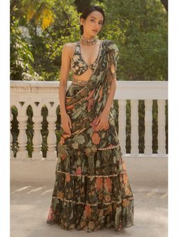 Paulmi & Harsh - Black Pre Drape Saree with Stitched Blouse and Belt