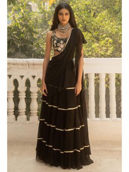Paulmi & Harsh - Black Pre Drape Saree with Stitched Blouse