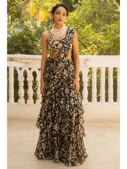 Paulmi & Harsh - Black Pre Drape Saree with Stitched Blouse