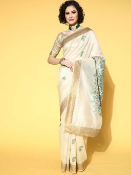 Odette - Silk Blend Beige Woven Design Saree with Unstitched Blouse