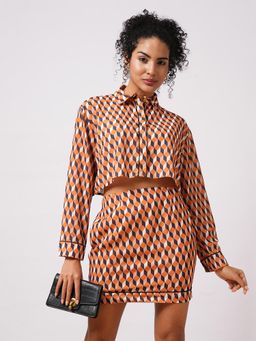 Globus - Women Multi-Color Abstract Print Crop Shirt with High-Rise Mini Skirt (Set of 2)