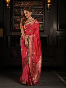 EXCLUSIVA - Red Soft silk with Dual Zari Weaving Saree with Unstitched Blouse