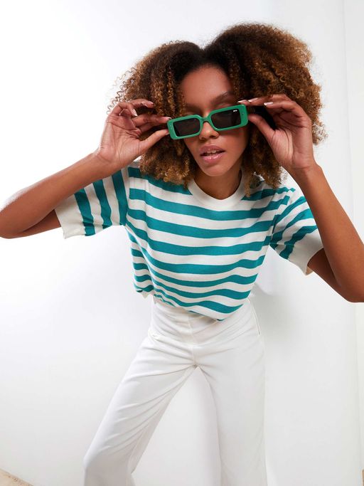 Buy LC WAIKIKI Women Striped Knitwear Turquoise Sweater Online