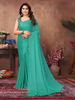 Odette - Women Teal Silk Blend Embellished Saree with Unstitched Blouse