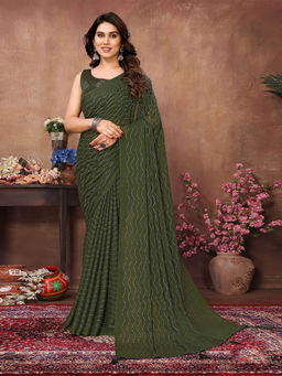 Odette - Women Olive Silk Blend Embellished Saree with Unstitched Blouse