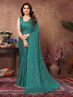 Odette - Women Teal Silk Blend Embellished Saree with Unstitched Blouse