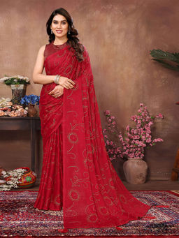 Odette - Women Red Silk Blend Embellished Saree with Unstitched Blouse