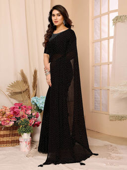 Odette - Women Black Satin Chiffon Embellished Saree with Unstitched Blouse