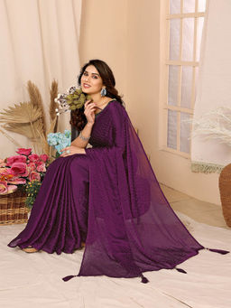 Odette - Women Purple Satin Chiffon Embellished Saree with Unstitched Blouse