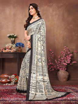 Odette - Women Cream & Black Cotton Printed Saree with Unstitched Blouse