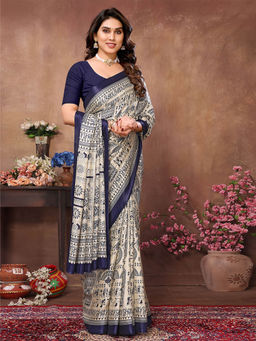 Odette - Women Cream & Navy Blue Cotton Printed Saree with Unstitched Blouse