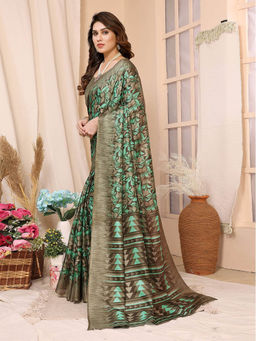 Odette - Women Green Cotton Printed Saree with Unstitched Blouse