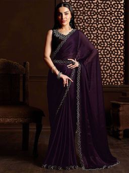 Odette - Women Purple Satin Chiffon Embellished Saree & Belt with Unstitched Blouse