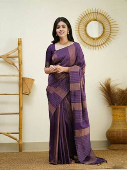 Odette - Women Purple & Brown Silk Woven Saree with Unstitched Blouse