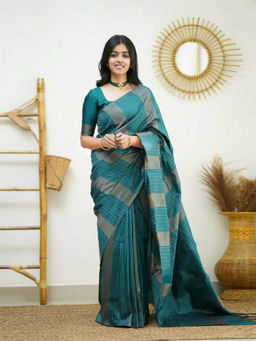 Odette - Women Teal Silk Woven Saree with Unstitched Blouse