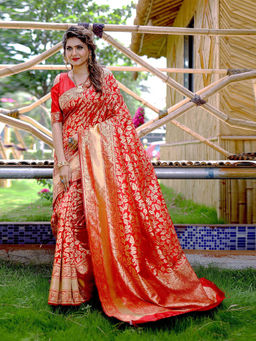 Odette - Women Orange Silk Woven Saree with Unstitched Blouse