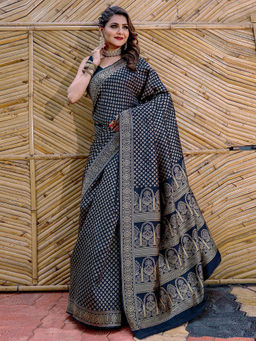 Odette - Women Navy Blue Silk Woven Saree with Unstitched Blouse