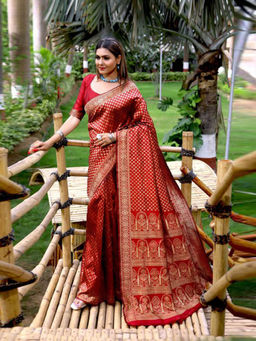 Odette - Women Red Silk Woven Saree with Unstitched Blouse
