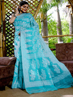 Odette - Women Turquoise Cotton Blend Woven Saree with Unstitched Blouse